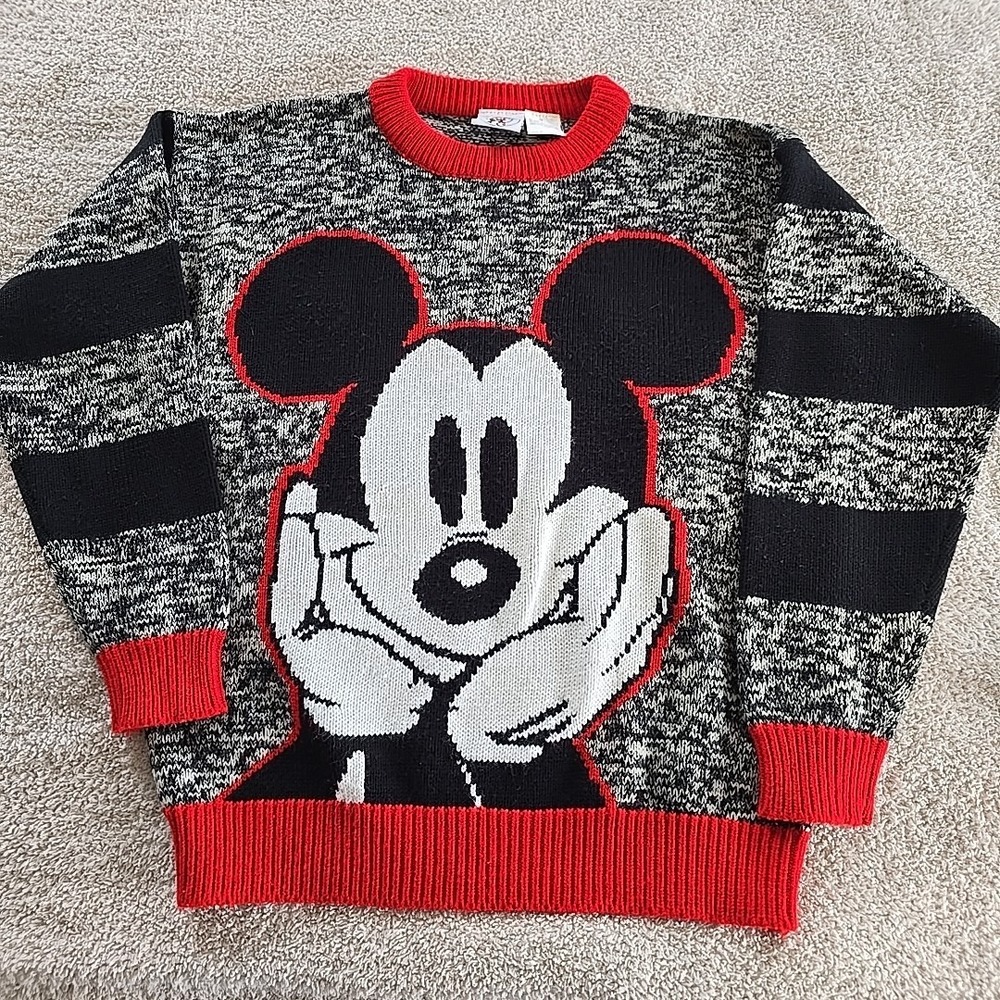 Vtg Mickey & Co Mickey Mouse Knit Sweater Red Black White Marled 90s Disney Sz M